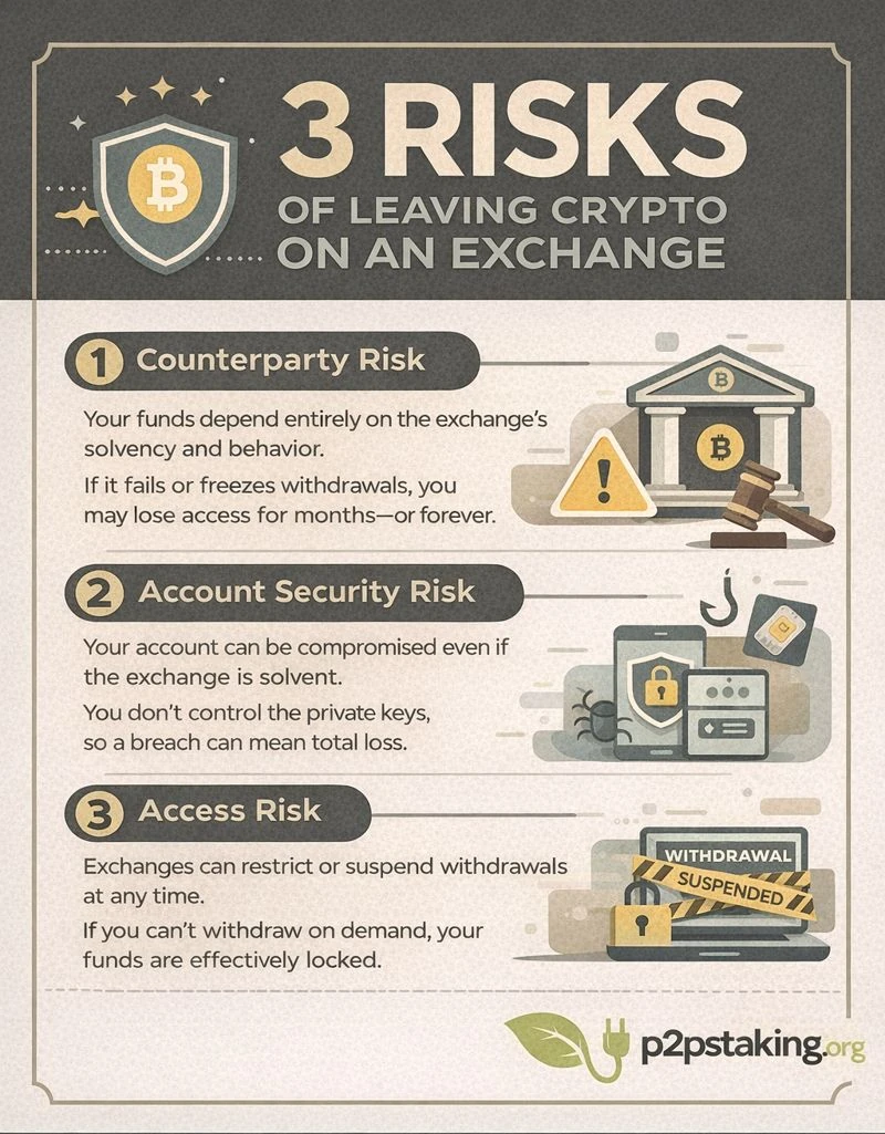 “3 Risks of Leaving Crypto on an Exchange.” It explains three main risks: counterparty risk (funds depend on the exchange’s solvency and may be frozen if it fails), account security risk (accounts can be compromised and users do not control private keys), and access risk (withdrawals can be restricted or suspended at any time).