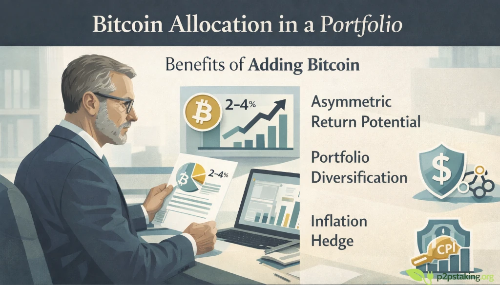 Bitcoin Allocation in a Portfolio – experienced investor reviewing a portfolio with 2–4% Bitcoin exposure and visual benefits including asymmetric return potential, portfolio diversification and inflation hedge.