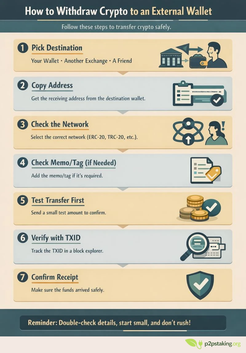 Infographic “How to Withdraw Crypto to an External Wallet,” showing a 7-step process: choose destination, copy receiving address, check the correct network, add memo or tag if required, send a small test transfer, verify the transaction with a TXID on a block explorer, and confirm receipt.
