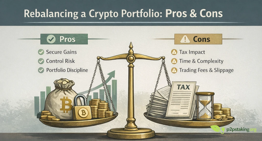 Rebalancing a Crypto Portfolio pros and cons illustration showing a balanced scale with secure gains and risk control on one side, and tax impact and time complexity on the other.