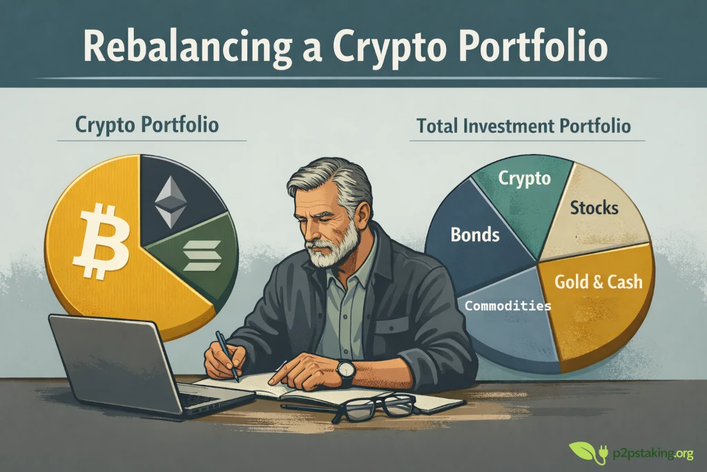 Featured image illustrating rebalancing a crypto portfolio, with an experienced investor reviewing strategy between a crypto allocation pie chart and a global portfolio allocation chart.