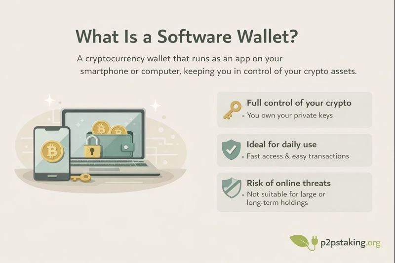 What is a Software wallet? An app running on a smartphone and a computer, illustrating self-custody, private key control, and daily crypto usage