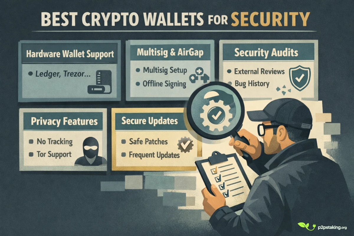 Security expert reviewing candidate for the best crypto wallets for security : hardware wallet support, multisig, audits, privacy features, and secure updates