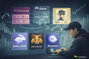 Best DeFi wallets illustrated with an active trader using Rabby Wallet, MetaMask, and Phantom to interact with DeFi protocols like Uniswap, Aave, and NFTs.