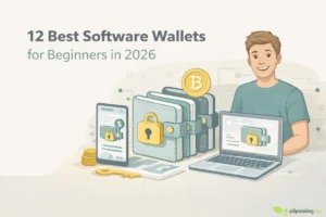 Illustration feature image montrant des portefeuilles logiciels sécurisés : smartphone avec interface de wallet, cadenas, clé et pièces crypto, accompagnés du titre « 12 Best Software Wallets for Beginners in 2026 », avec le logo p2pstaking.org placé en bas à droite.