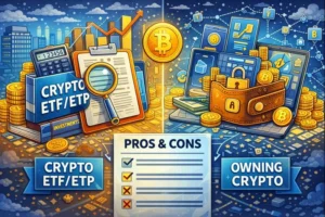 Illustration comparing crypto ETFs and ETPs with owning crypto directly, highlighting differences between financial exposure and self-custody ownership