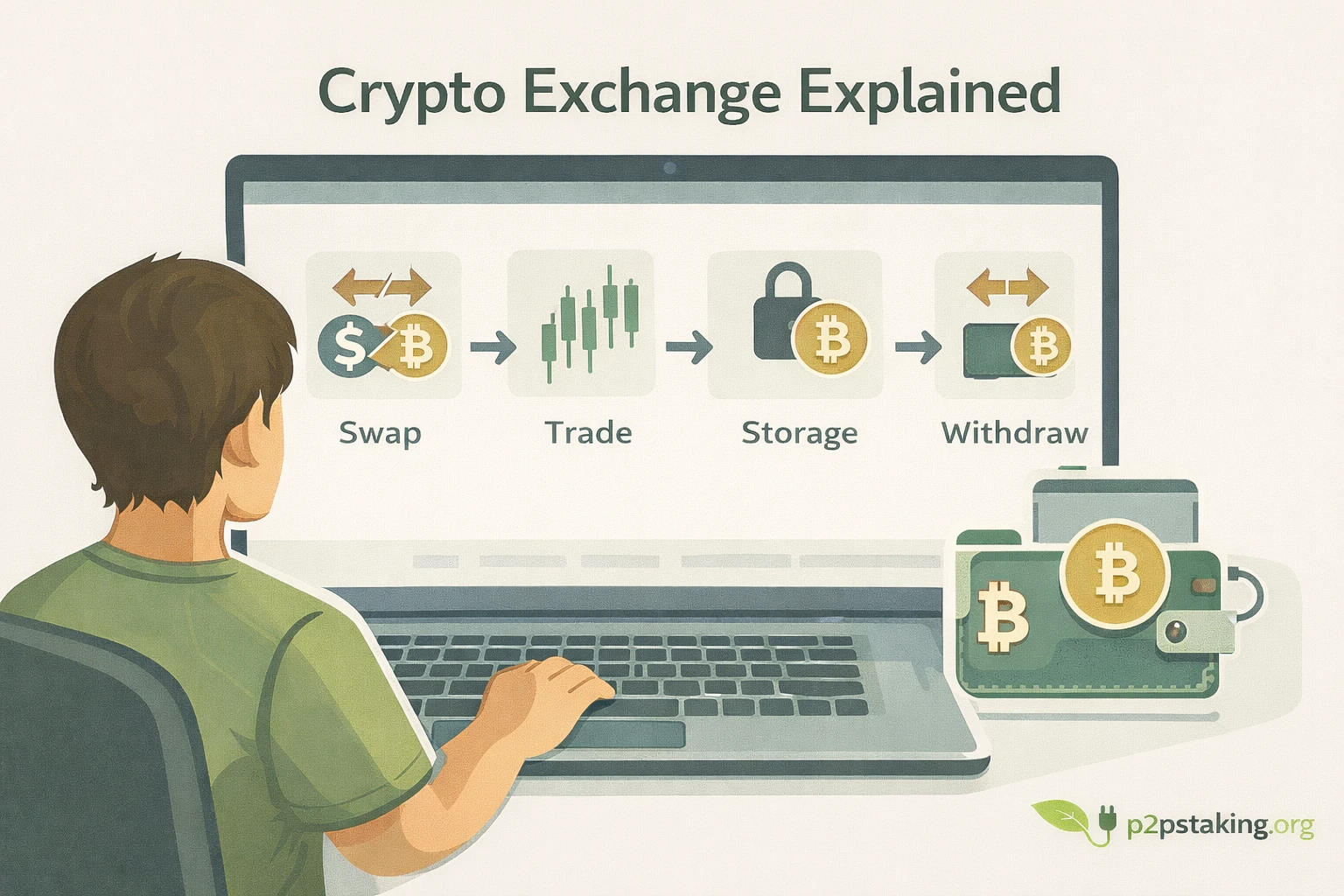Crypto exchange explained: illustration showing a user interacting with a centralized crypto exchange to swap assets, trade cryptocurrencies, store funds temporarily, and withdraw crypto to a personal wallet.