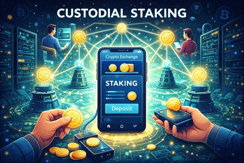 Custodial staking illustration showing users staking crypto through a centralized platform that manages validators and reward distribution