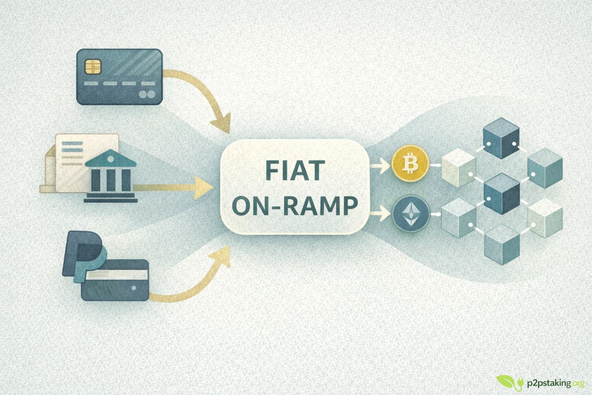 Fiat to crypto on-ramp illustration showing bank card, bank transfer and PayPal connecting through a service provider to blockchain network