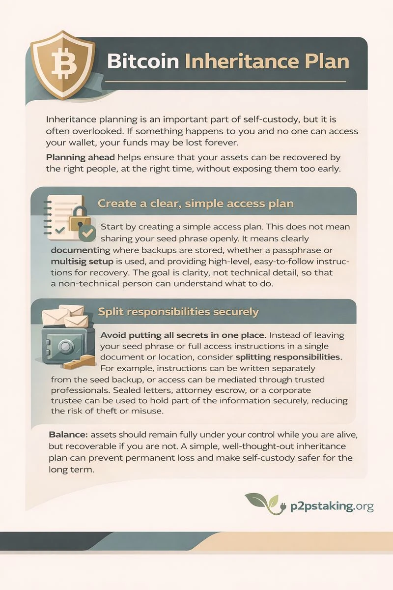 Infographic explaining crypto wallet inheritance planning, showing how to create a simple access plan, avoid storing all secrets in one place, use sealed letters or trustees, and ensure crypto assets can be recovered securely by heirs, with the p2pstaking.org logo displayed at the bottom right.