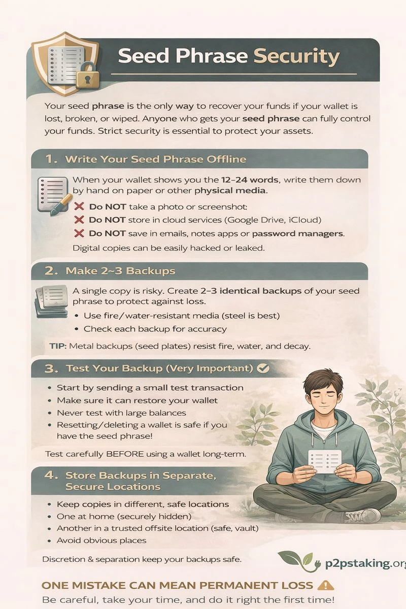 Infographic explaining seed phrase security for crypto wallets, showing how to write a seed phrase offline, create multiple backups, test wallet recovery with small amounts, store backups in separate secure locations, restrict who knows the seed exists, and optionally use a passphrase for advanced users.