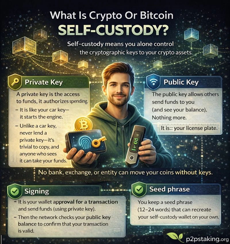 Infographic explaining crypto and Bitcoin self-custody, showing a user controlling their wallet and cryptographic keys, with visual explanations of private key, public key, seed phrase, and transaction signing on a blockchain network.