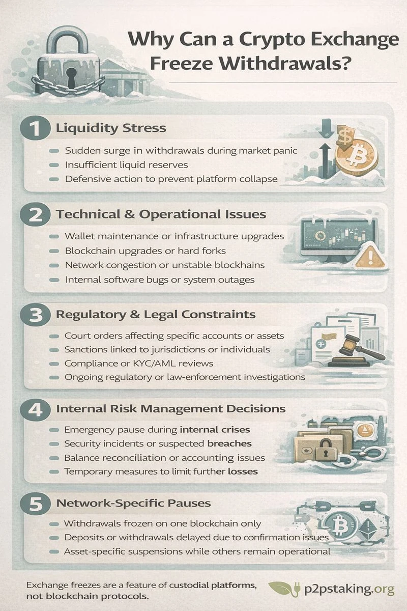 Infographic titled ‘Why Can a Crypto Exchange Freeze Withdrawals?’ showing five main causes of withdrawal freezes on centralized crypto exchanges.
